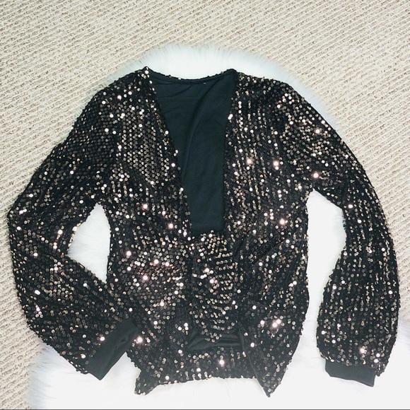 Women's Gold Sequin Black Jacket Loose fitted No buttons Long Sleeves - Picture 5 of 7